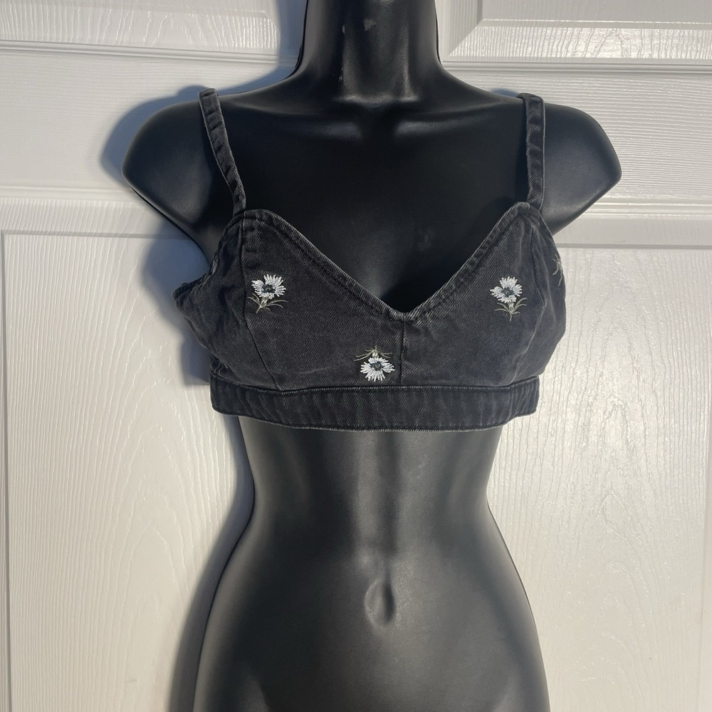 Topshop Bralette Top Women 4 Black Denim Embroidered Floral Festival Distressed